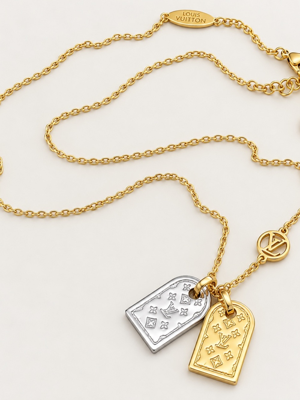 LV print Two-Tone Monogram Dog Tag Necklace - Gold & Silver